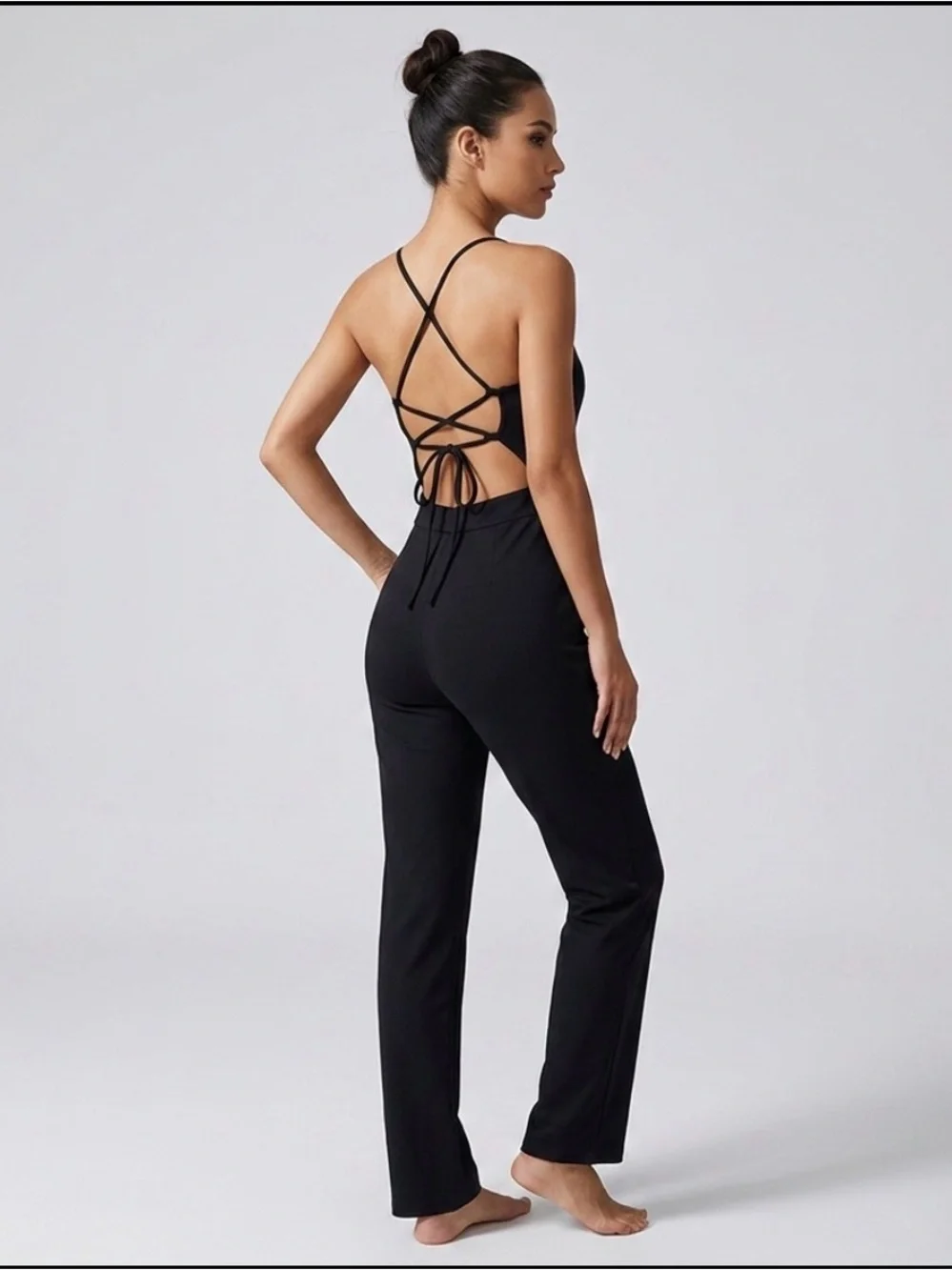 NWOT Black Straight Neck Jumpsuit Open Lace Up Back Size L Fits M